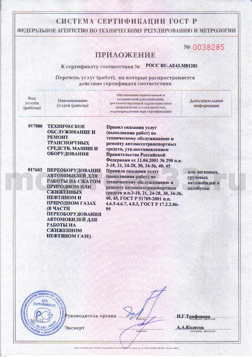Сертификаты МоторГаз33